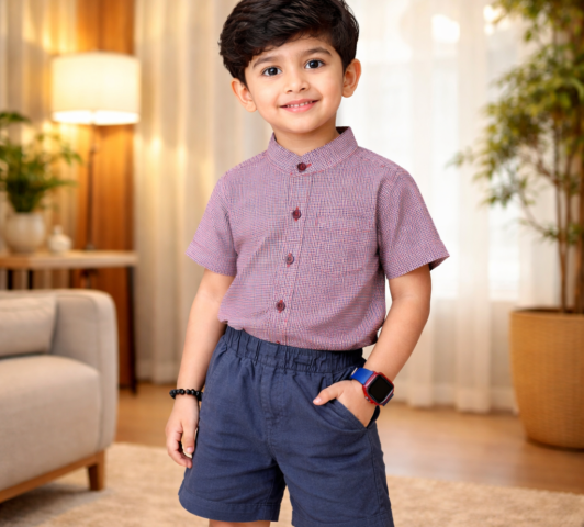 Boys Checked Shirt with Navy Shorts Set