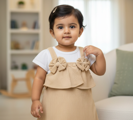Elegant Bow Detail Baby Girl Dress - 12-18 Mon, Tan