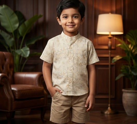 Boys Floral Print Shirt with Beige Shorts Set