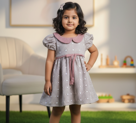 Girls Checkered Peter Pan Collar Dress with Puff Sleeves