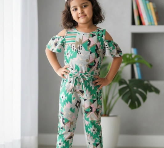 Girls Geometric Print Cold-Shoulder Jumpsuit - 1-2 Yrs, Green