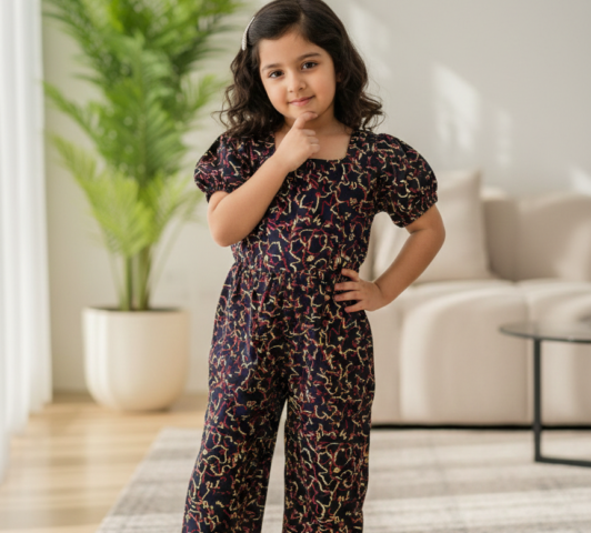 Girls Black Printed Jumpsuit with Puff Sleeves