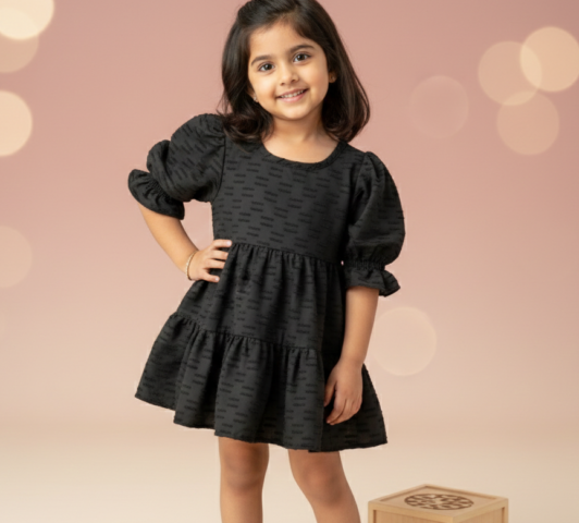 Girls Black Textured Ruffle Dress with Puff Sleeves