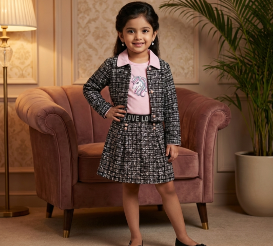Girls Tweed Jacket and Skirt Set with Pink Top