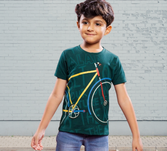 Boys Teal Green Bicycle Printed T-Shirt