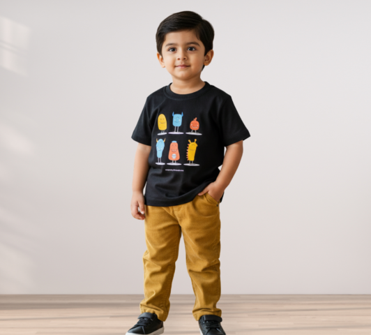 Boys Black Graphic T-Shirt with Mustard Yellow Pants Set