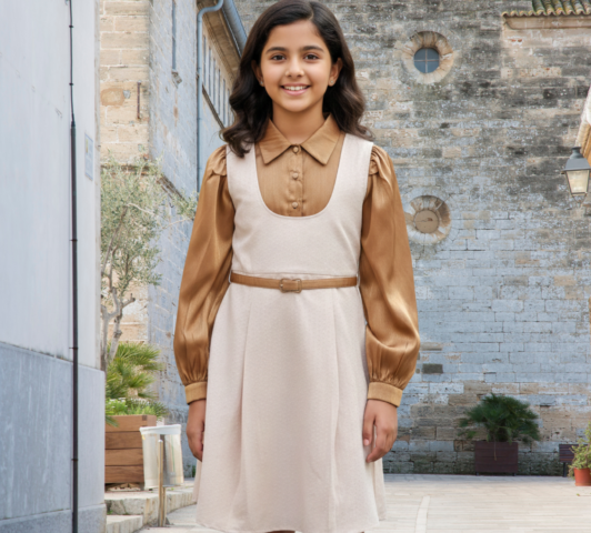 Elegant Girls Pinafore Dress with Satin Shirt – Classic Beige and Brown Outfit