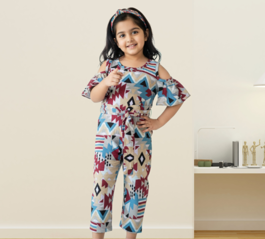 Girls Geometric Print Cold-Shoulder Jumpsuit
