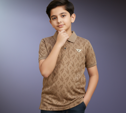 Boy's Geometric Tech Polo - 5-6 Yrs, Khaki