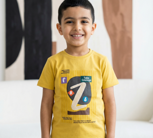 Boys Mustard Yellow Graphic Printed Cotton T-Shirt – Trendy Casual Wear