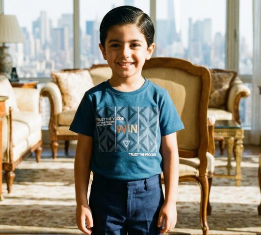 Boys Teal Blue Geometric Printed Cotton T-Shirt – Smart Casual Look