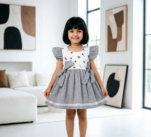 Cute Printed Girls Cotton Dress with Bow Details – Grey Casual Party Wear
