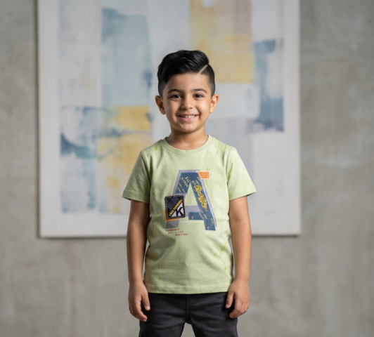 Boys Lemon Green Alphabet Print Cotton T-Shirt – Casual Everyday Wear