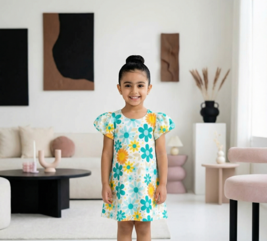 Girls White Floral Print A-Line Dress with Puff Sleeves