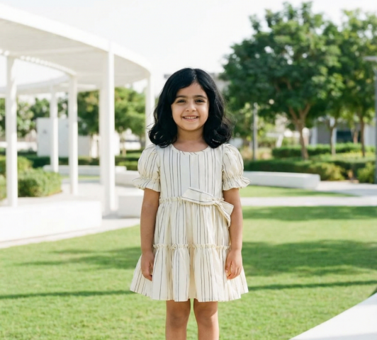 Soft Buttercream Striped Ruffle Girls Dress