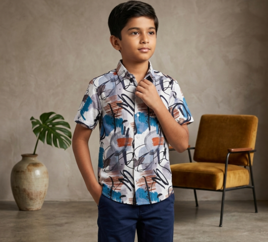 Cobalt Expressionist Shirt "Azure & Ochre Abstract"