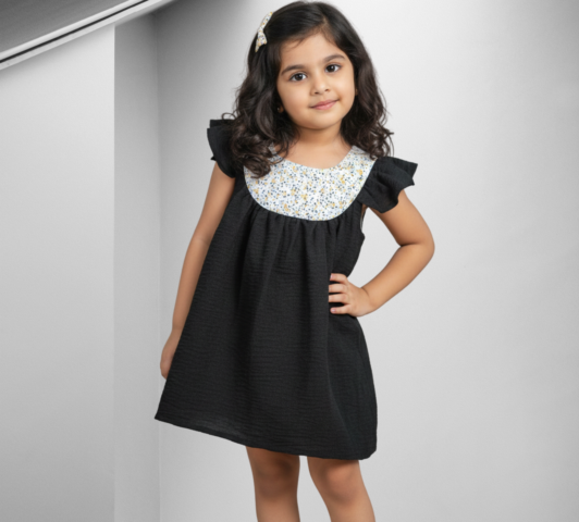 Black Flutter Sleeve Girls Dress with Floral Yoke