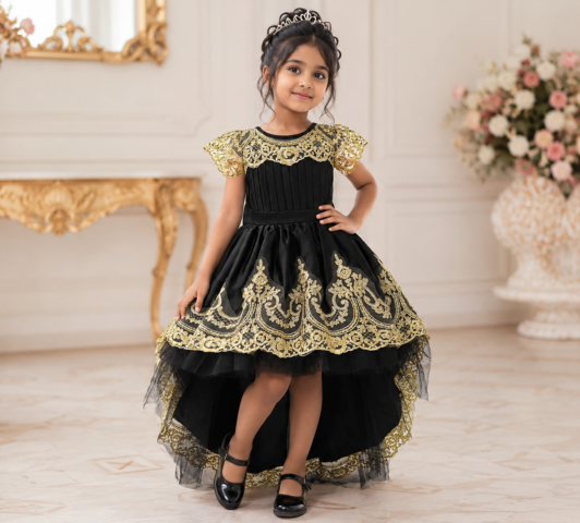 Aurelia Baroque Gown "Metallic Gold Lace & Pleated High-Low Luxury Dress"