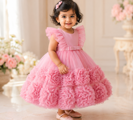 Rosette Ruffle Party Dress "Flutter Sleeve Textured Tulle Birthday Frock" - 12-18 Mon, Peach