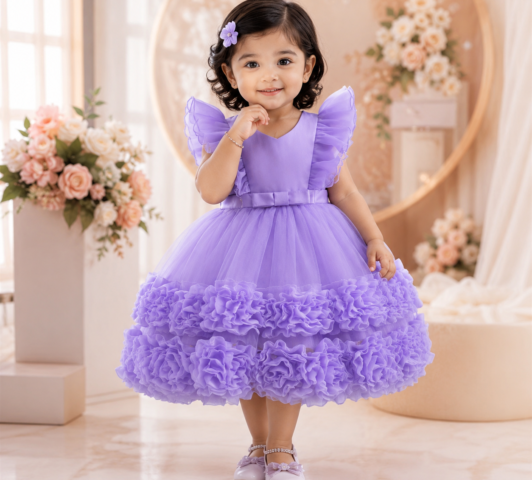 Rosette Ruffle Party Dress "Flutter Sleeve Textured Tulle Birthday Frock"