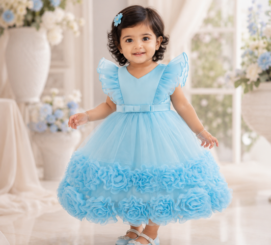 Rosette Ruffle Party Dress "Flutter Sleeve Textured Tulle Birthday Frock" - 18-24 Mon, Sky Blue