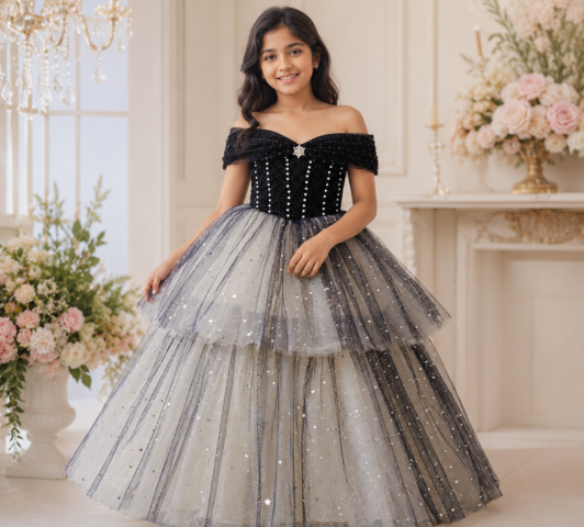 Serengeti Starry Gown "Off-Shoulder Velvet Bodice & Tiered Constellation Tulle Ballgown"