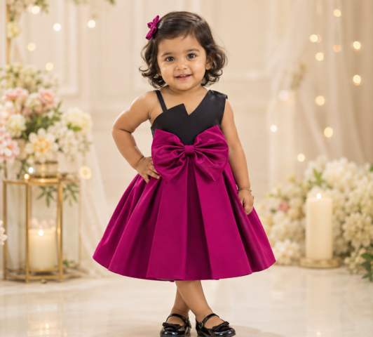 Vivian Color-Block Frock "Asymmetric Bodice & Statement Bow Satin Dress"