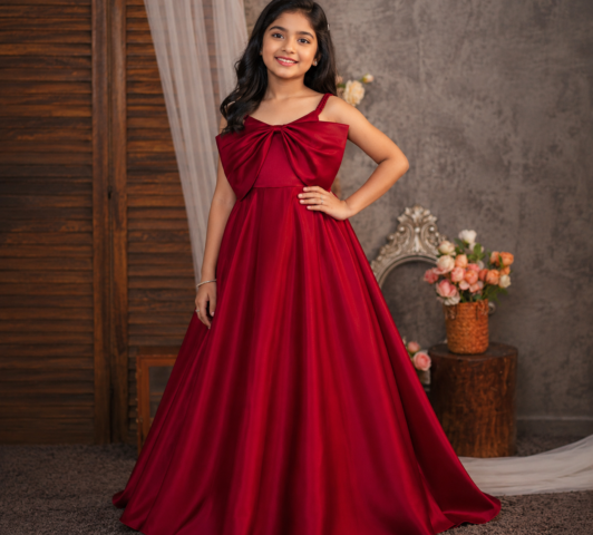 Isabella Statement Bow Gown "Cold-Shoulder Pleated Satin Floor-Length Ballgown" - 10-11 Yrs, Red