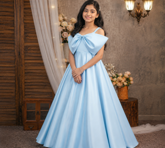 Isabella Statement Bow Gown "Cold-Shoulder Pleated Satin Floor-Length Ballgown" - 8-9 Yrs, Sky Blue