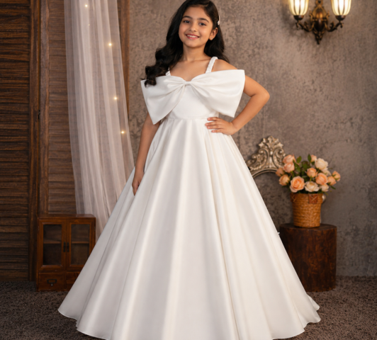 Isabella Statement Bow Gown "Cold-Shoulder Pleated Satin Floor-Length Ballgown"