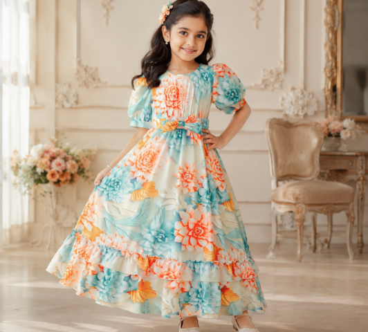 Seraphina Tropical Floral Gown "Puff Sleeve Flared Maxi Dress with Bow Belt"