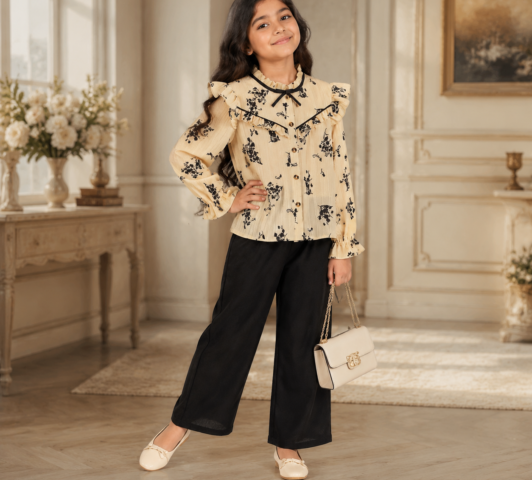 Clara Vintage Co-Ord Set "Ruffled Floral Chiffon Blouse & Black Wide-Leg Trousers"