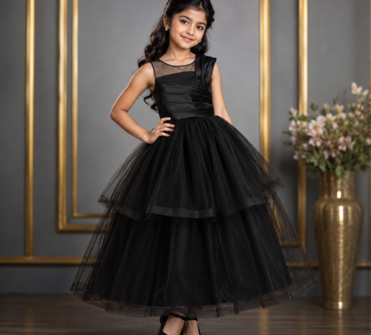 Genevieve Noir Gown "Asymmetric Pleated Satin & Tiered Tulle Ballgown"