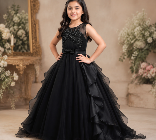 Evangeline Royal Gown – Beaded Illusion Bodice & Side-Ruffled Tulle Ballgown