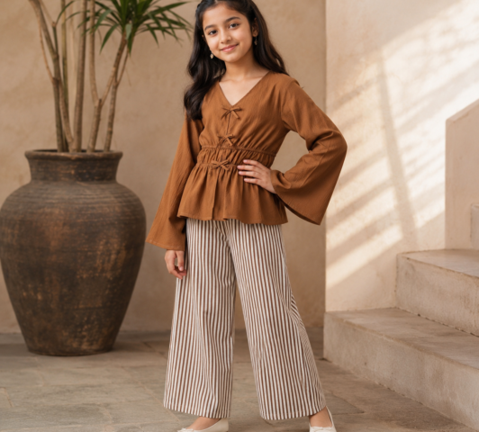 Sienna Bell-Sleeve Peplum Top & Striped Wide-Leg Trousers Co-Ord Set