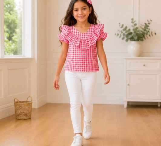 Lily Pink Gingham Flutter Set "Ruffled V-Neck Top & Crisp White Skinny Trousers"