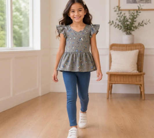 Chloe Floral Flutter Set "Sage Grey Peplum Top & Stretch Denim Jeggings"