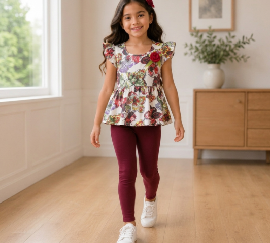 Mariposa Butterfly Flutter Set "Multicolored Peplum Top with Flower Corsage & Burgundy Leggings"