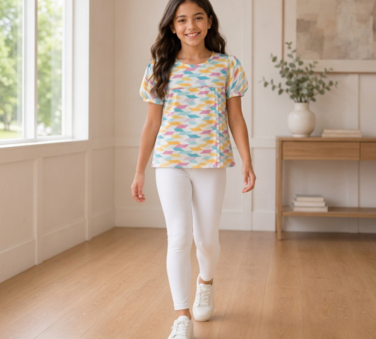 Bella Floral Peplum Set "Royal Blue Puff-Sleeve Blouse & Pristine White Leggings" - White, 6-7 Yrs
