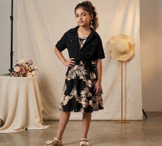 Talia Resort Set "Tiered Palm Leaf Sundress & Cropped Tie-Front Black Jacket"