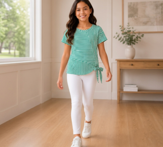 Maya Asymmetric Striped Set  "Green Side-Tie Short-Sleeve Top & Pristine White Leggings"
