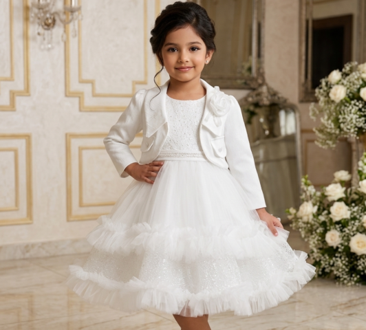 Seraphina Tiered Party Dress "Glitter Mesh Gown with Detachable Bolero Jacket" - White, 5-6 Yrs