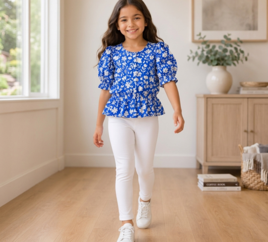 Bella Floral Peplum Set "Royal Blue Puff-Sleeve Blouse & Pristine White Leggings"
