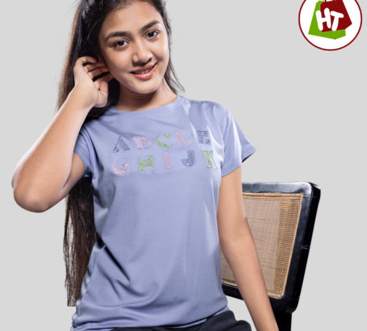 Women's "ABCD GHIJY" Typography Graphic T-Shirt | Soft Cotton Blend | Lavender Blue Casual Tee