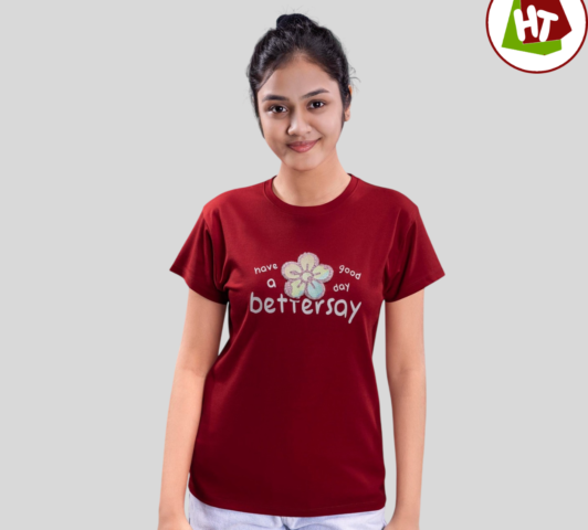 Women's Floral Typography Graphic T-Shirt | Soft Cotton Blend | Maroon Casual Tee