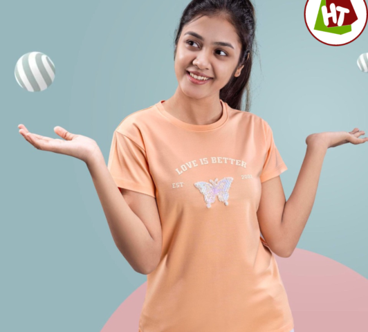 Women's Butterfly Graphic Print T-Shirt | Soft Cotton Blend | Peach Casual Tee