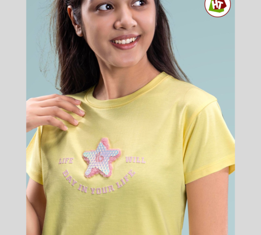Women's Star Graphic Print T-Shirt | Soft Cotton Blend | Lemon Yellow Casual Tee