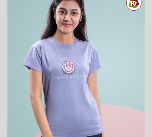 Women's Smiley Face Graphic Print T-Shirt | Soft Cotton Blend | Lavender Blue Casual Tee