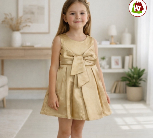 Girls' Satin Bow Party Dress | Sleeveless Fit & Flare Dress | Champagne Gold Occasion Wear
