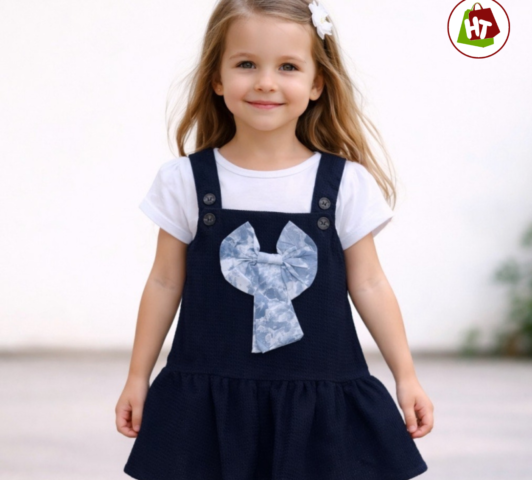 Girls' Bow Detail Pinafore Dress with T-Shirt | Cotton Blend Dungaree Dress Set | Navy Blue Casual Outfit